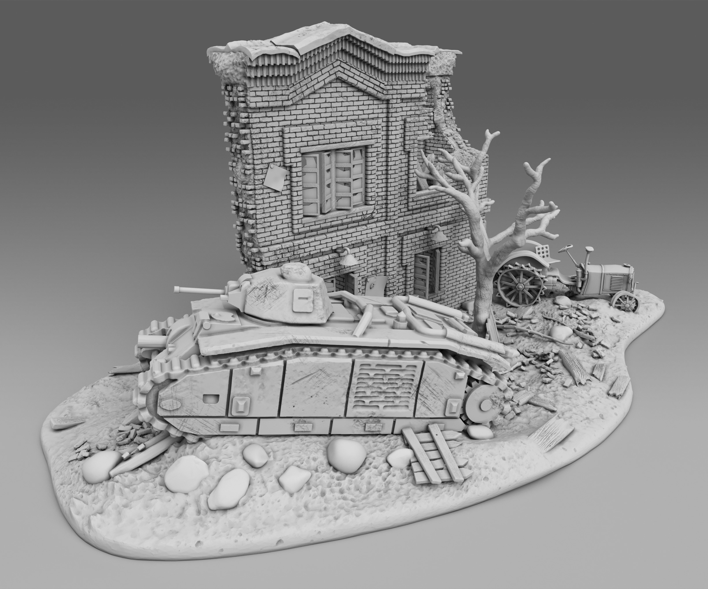 A tank near a destroyed building 3D print model_3