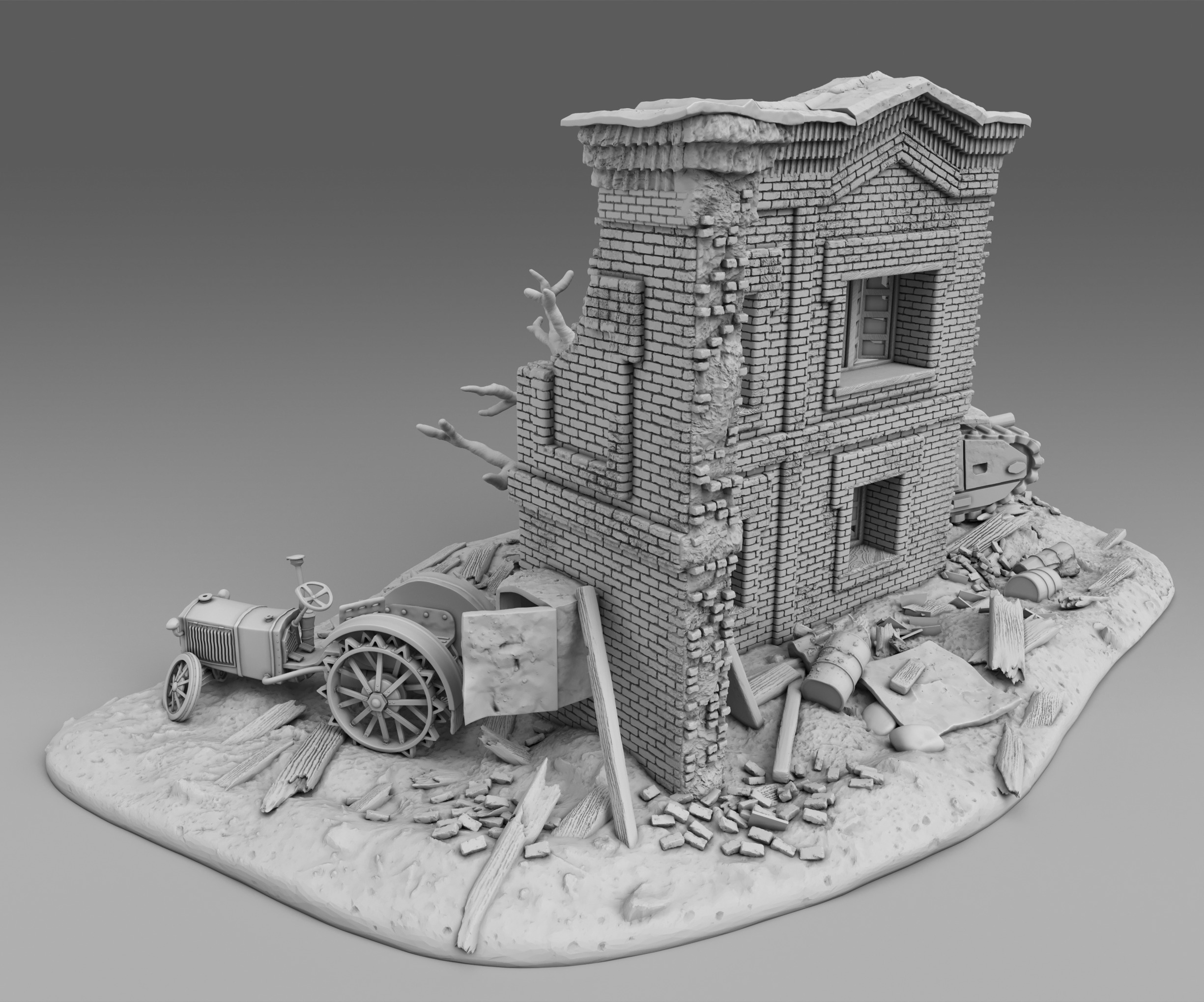 A tank near a destroyed building 3D print model_1