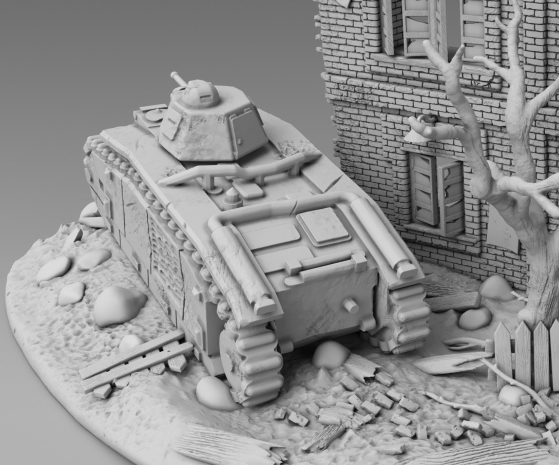 A tank near a destroyed building 3D print model_6