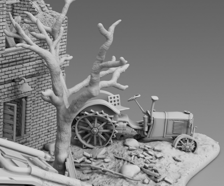 A tank near a destroyed building 3D print model_14