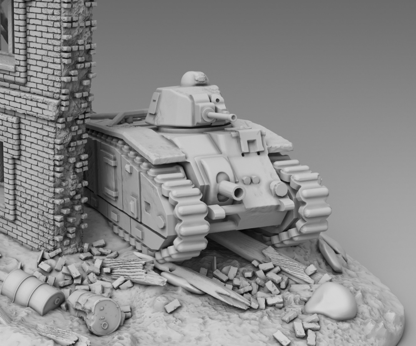 A tank near a destroyed building 3D print model_12