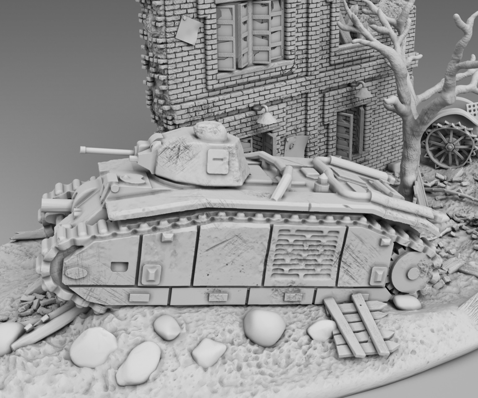 A tank near a destroyed building 3D print model_13