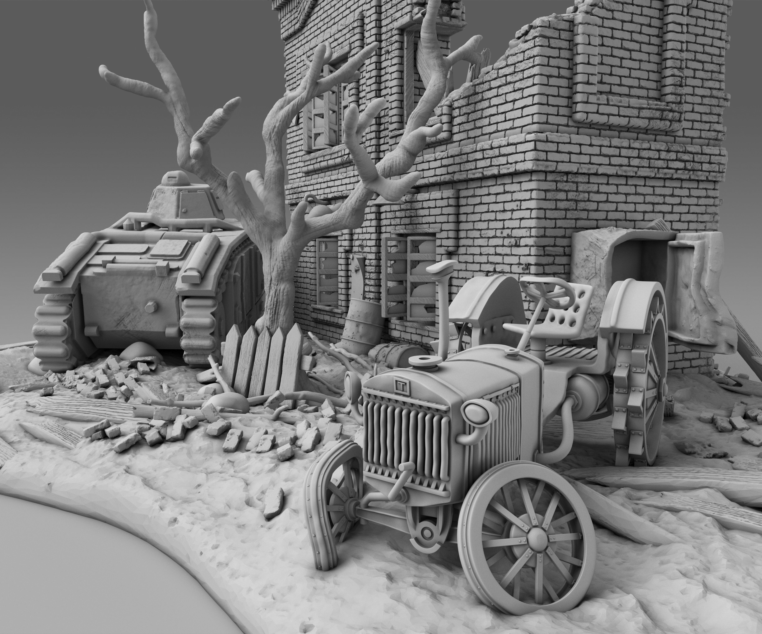 A tank near a destroyed building 3D print model_4