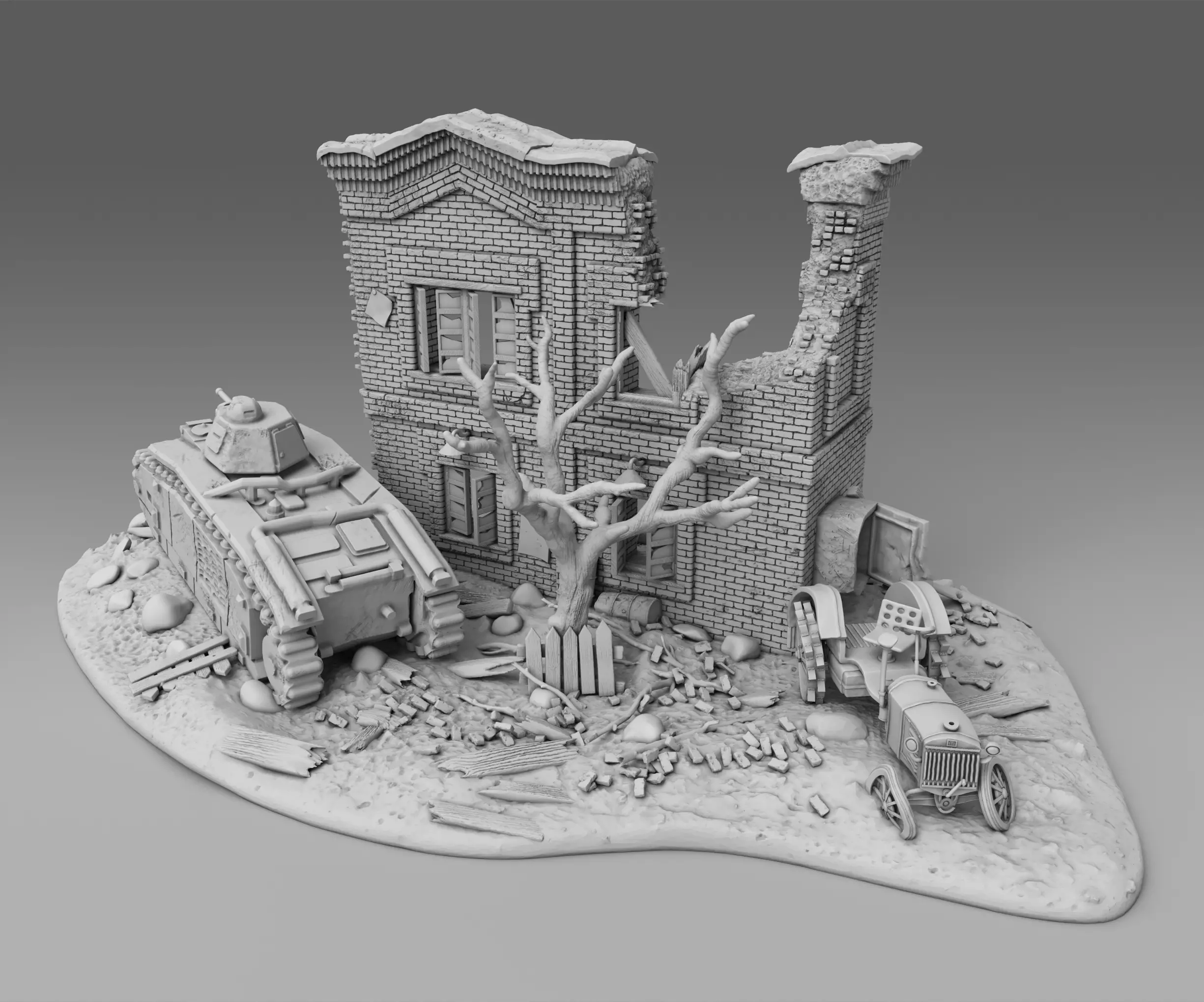 A tank near a destroyed building 3D print model_0