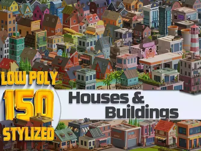 Cartoon Houses and Buildings  Pack Low-poly 3D model