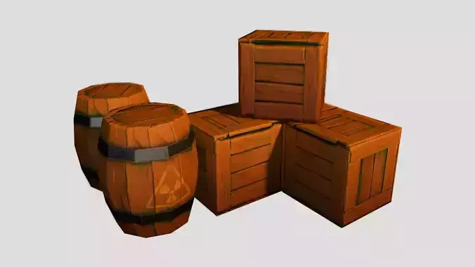Stylized Wooden Crate and Barrel LowPoly Pack 