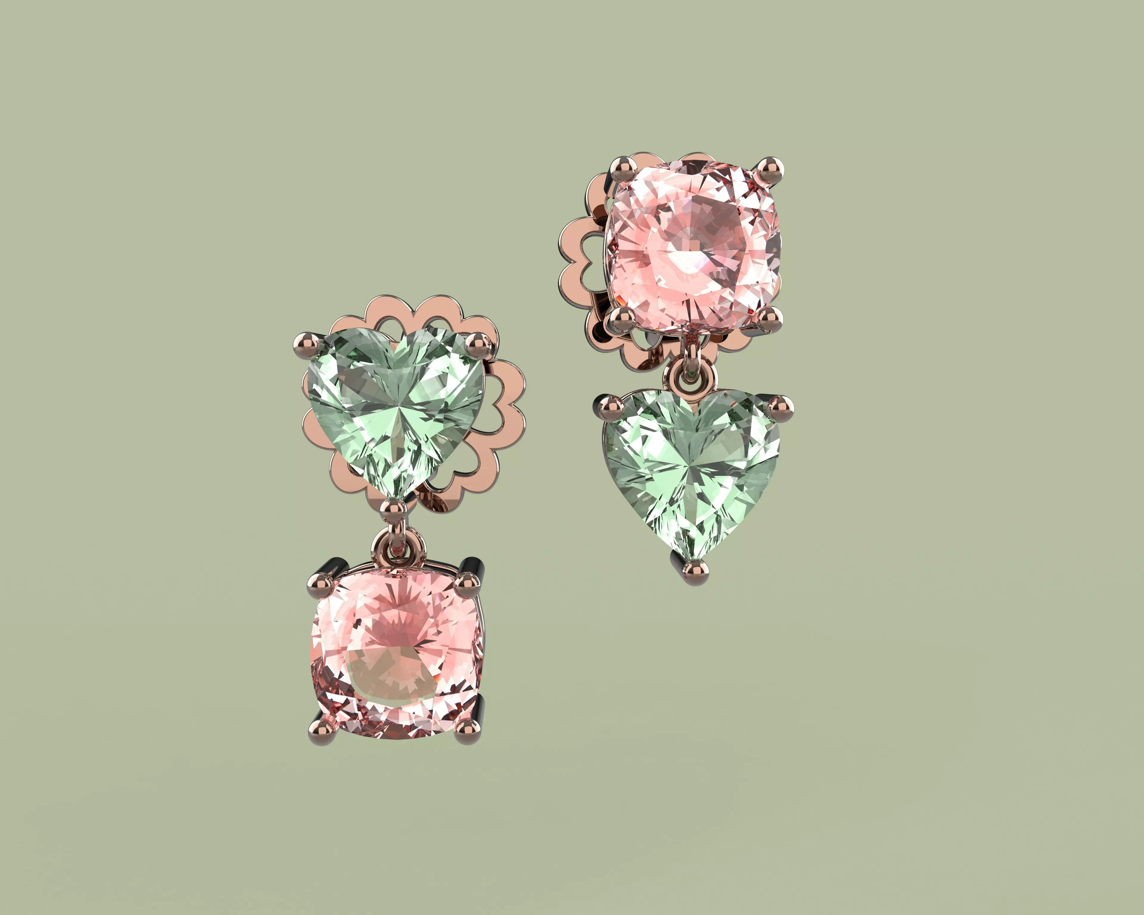2 gemstone heart and cushion earrings 3D print model