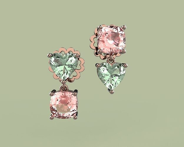 2 gemstone heart and cushion earrings  3D print model