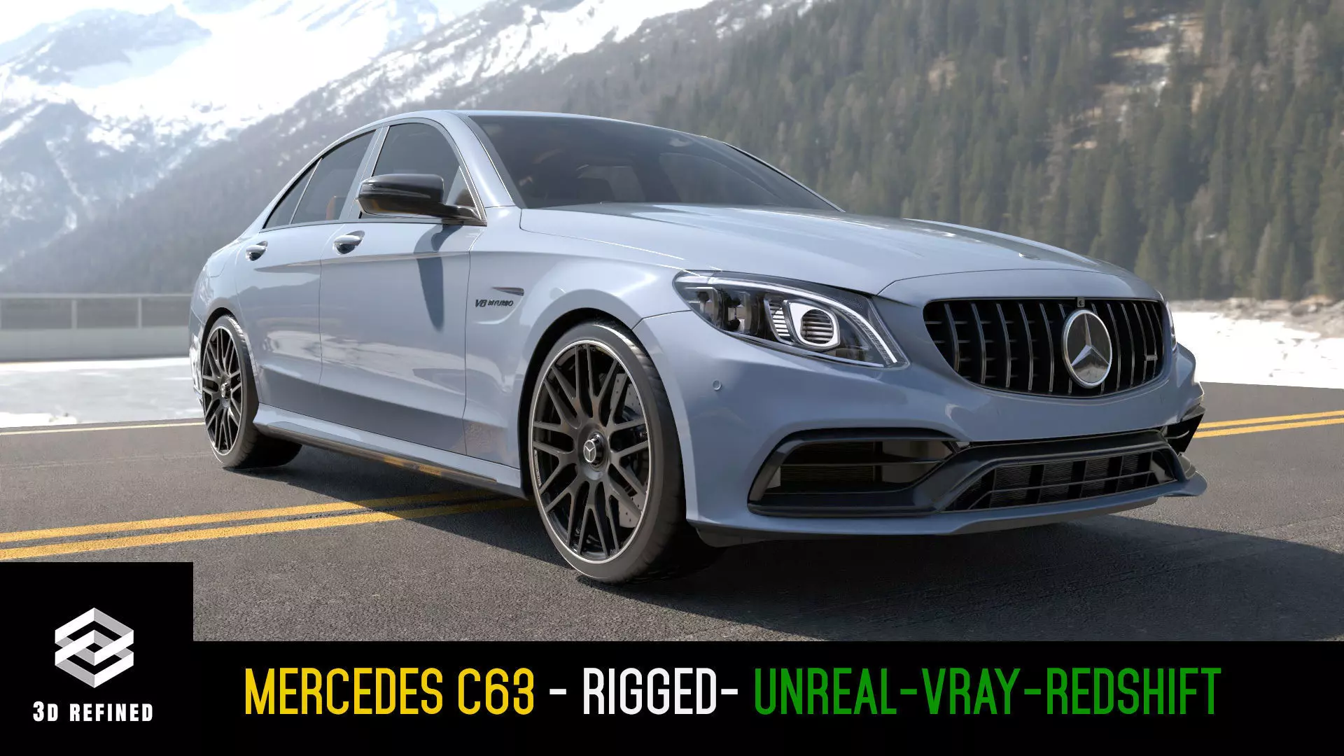 Mercedes C63 Sedan -Rigged- Render Ready-unreal-vray-redshift 3D model_0