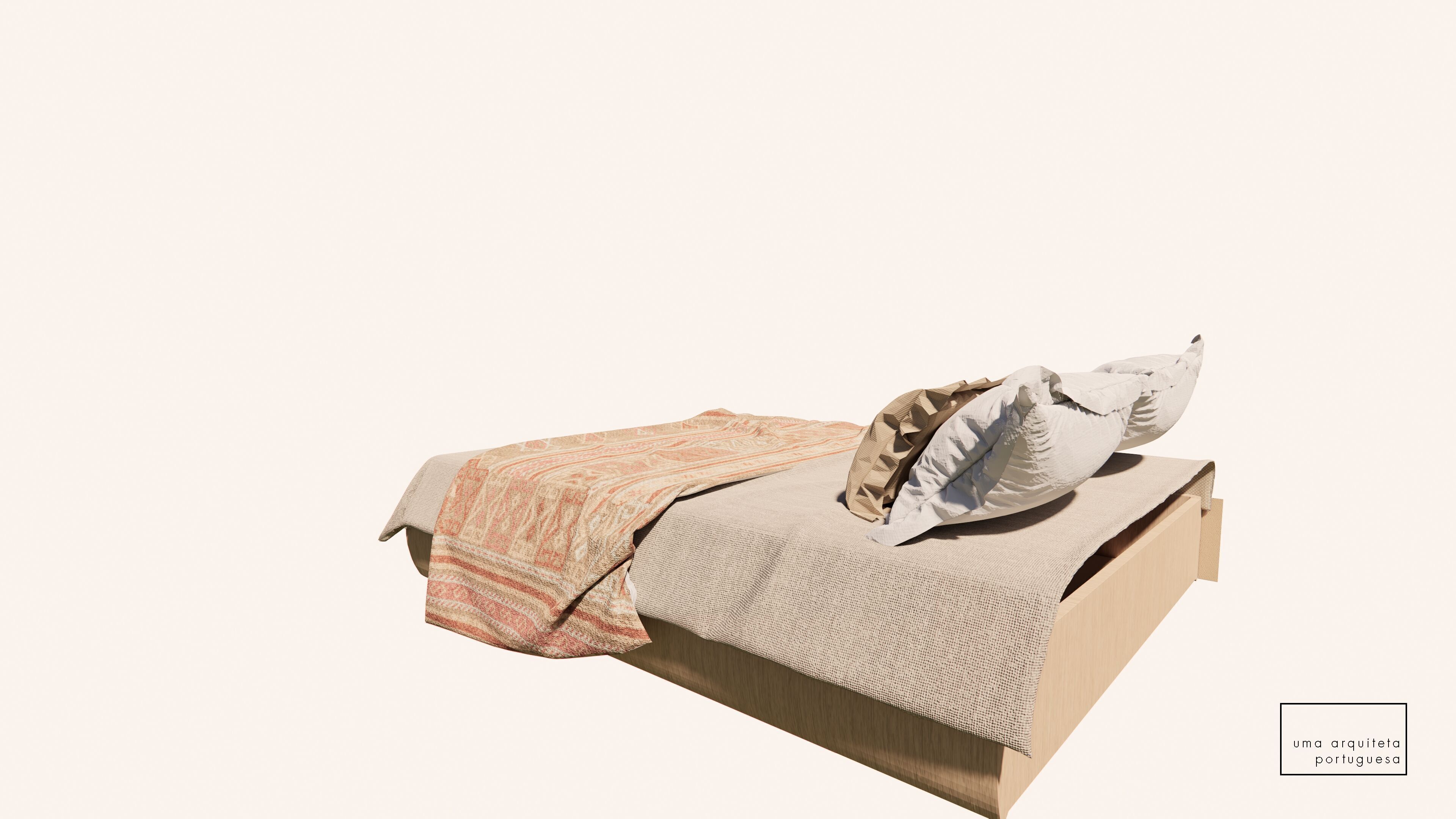 Double Bed with Pillows and Blanket - Wood - Fabric - 3D Model 3D model_11