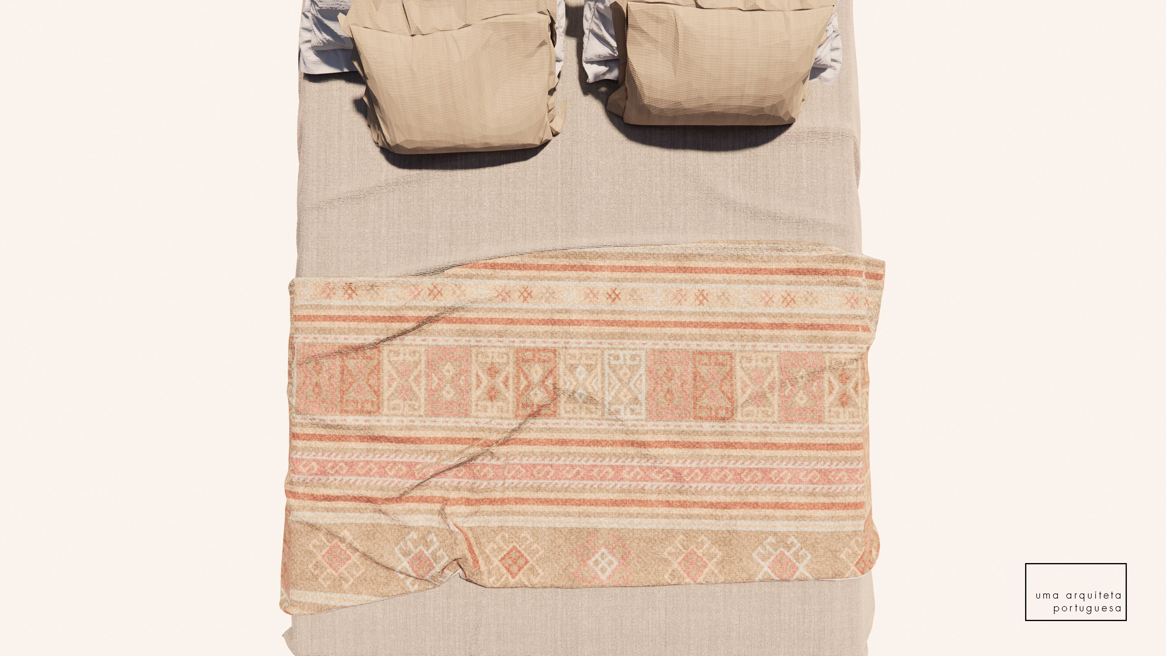 Double Bed with Pillows and Blanket - Wood - Fabric - 3D Model 3D model_8