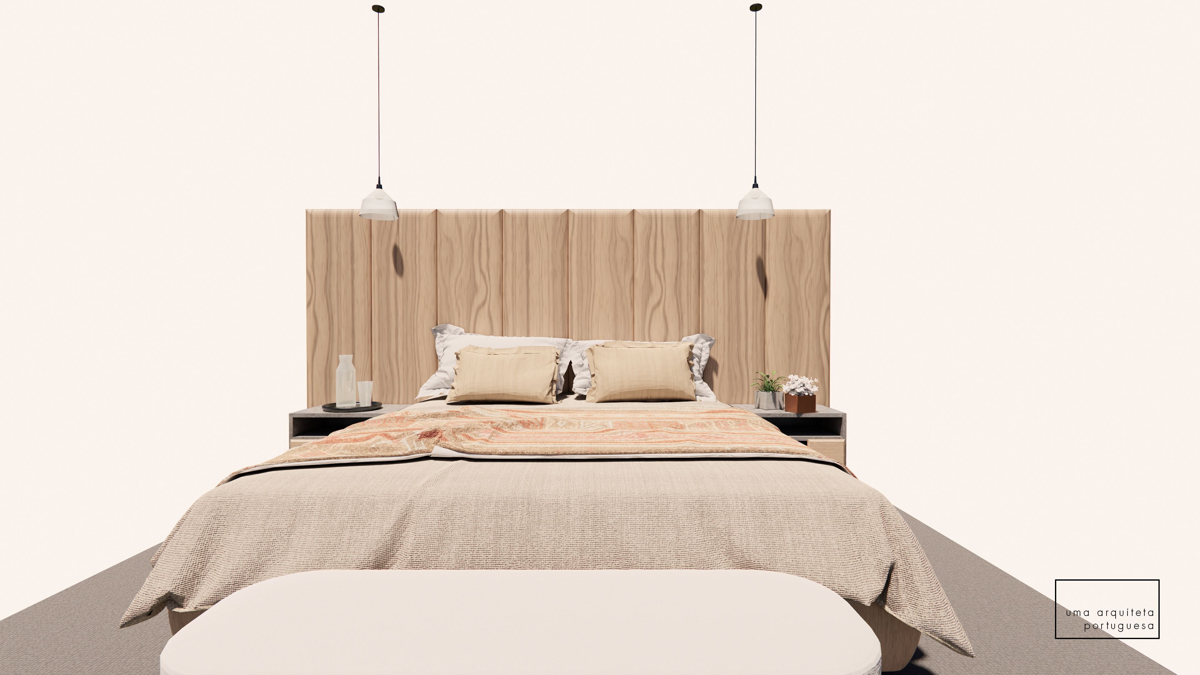 Double Bed with Pillows and Blanket - Wood - Fabric - 3D Model 3D model_13