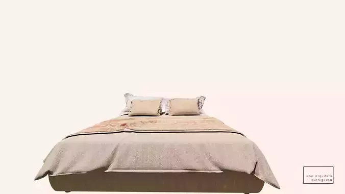 Double Bed with Pillows and Blanket - Wood - Fabric - 3D Model