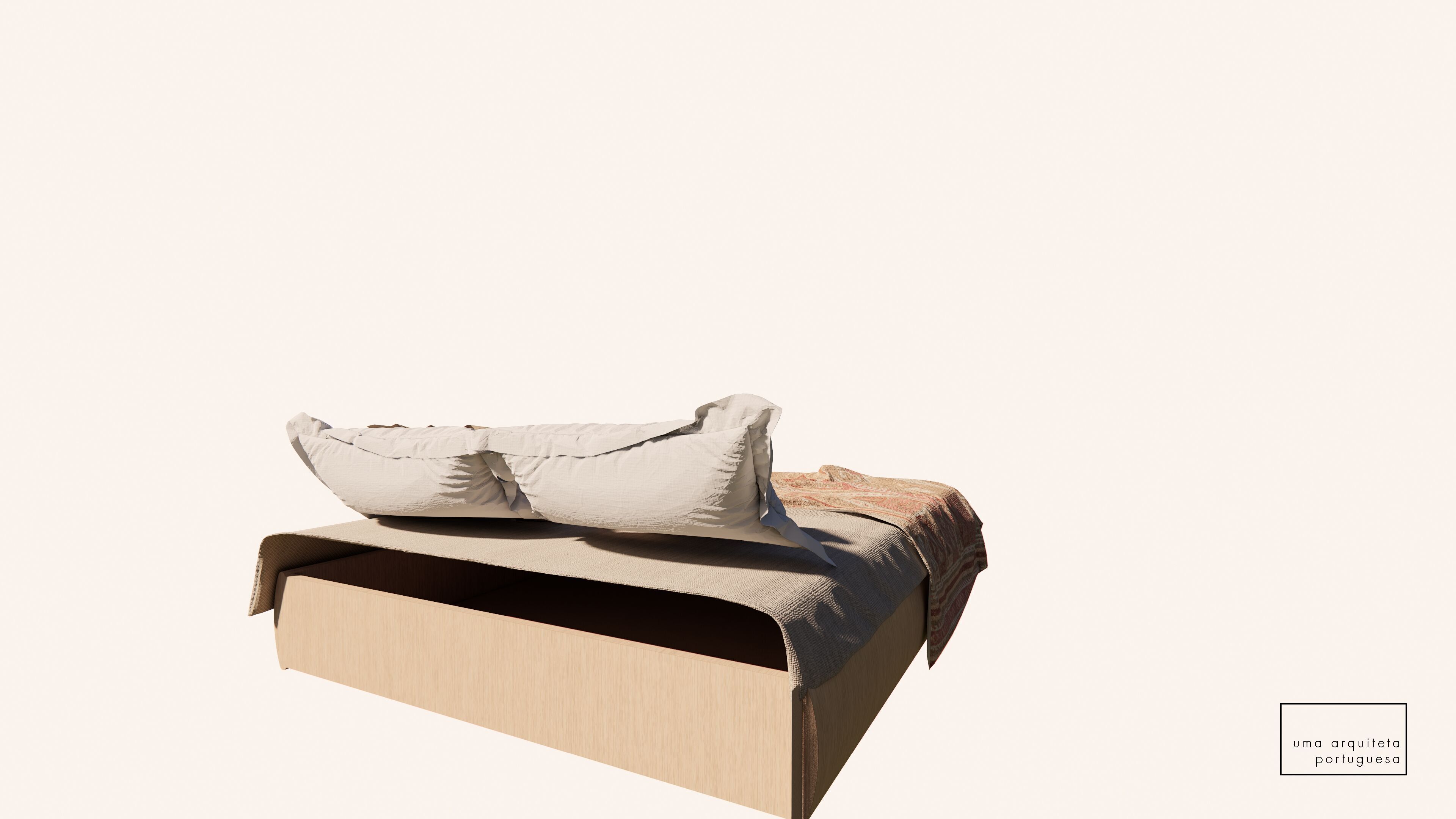 Double Bed with Pillows and Blanket - Wood - Fabric - 3D Model 3D model_3