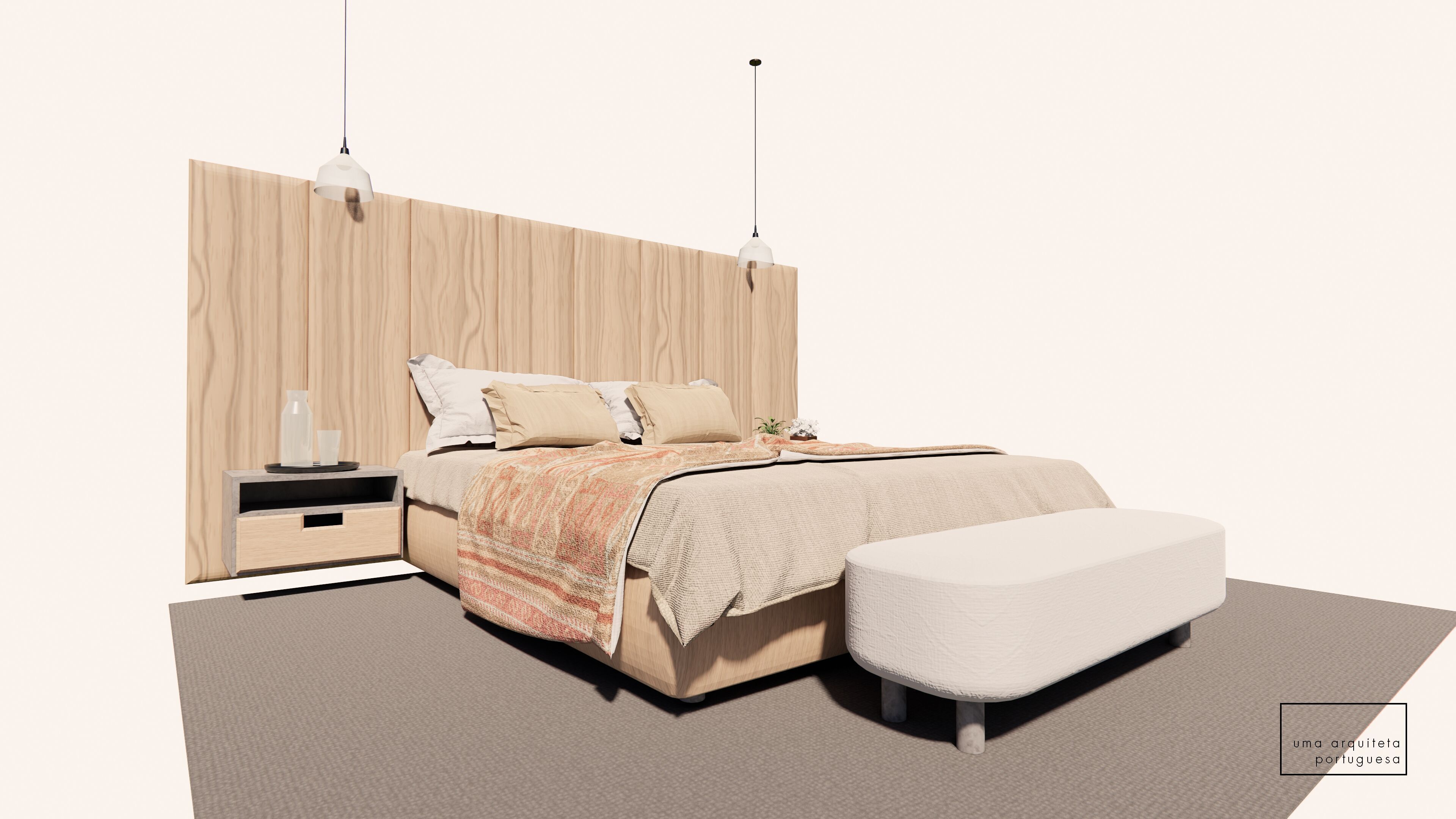Double Bed with Pillows and Blanket - Wood - Fabric - 3D Model 3D model_14