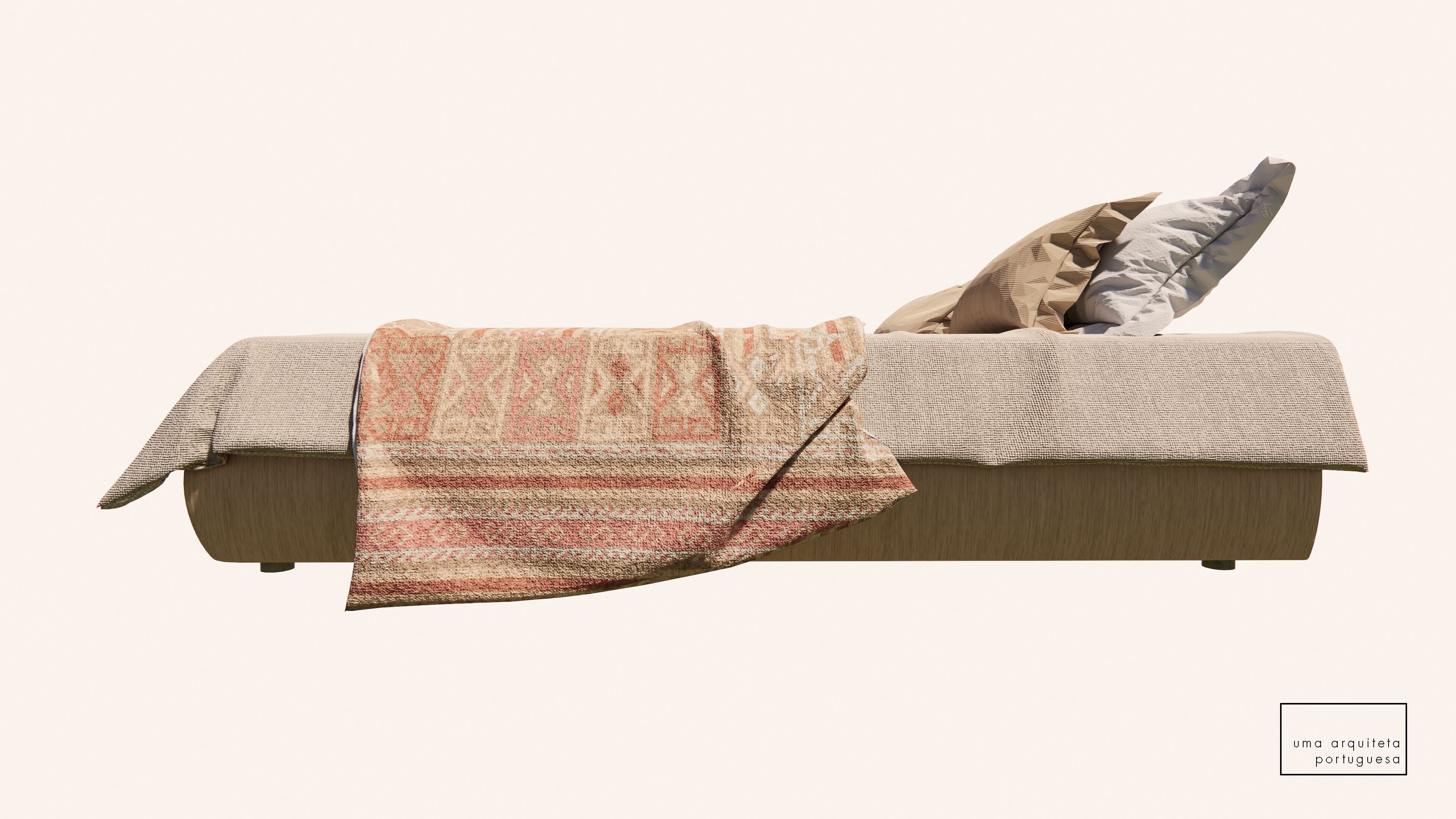 Double Bed with Pillows and Blanket - Wood - Fabric - 3D Model 3D model_9