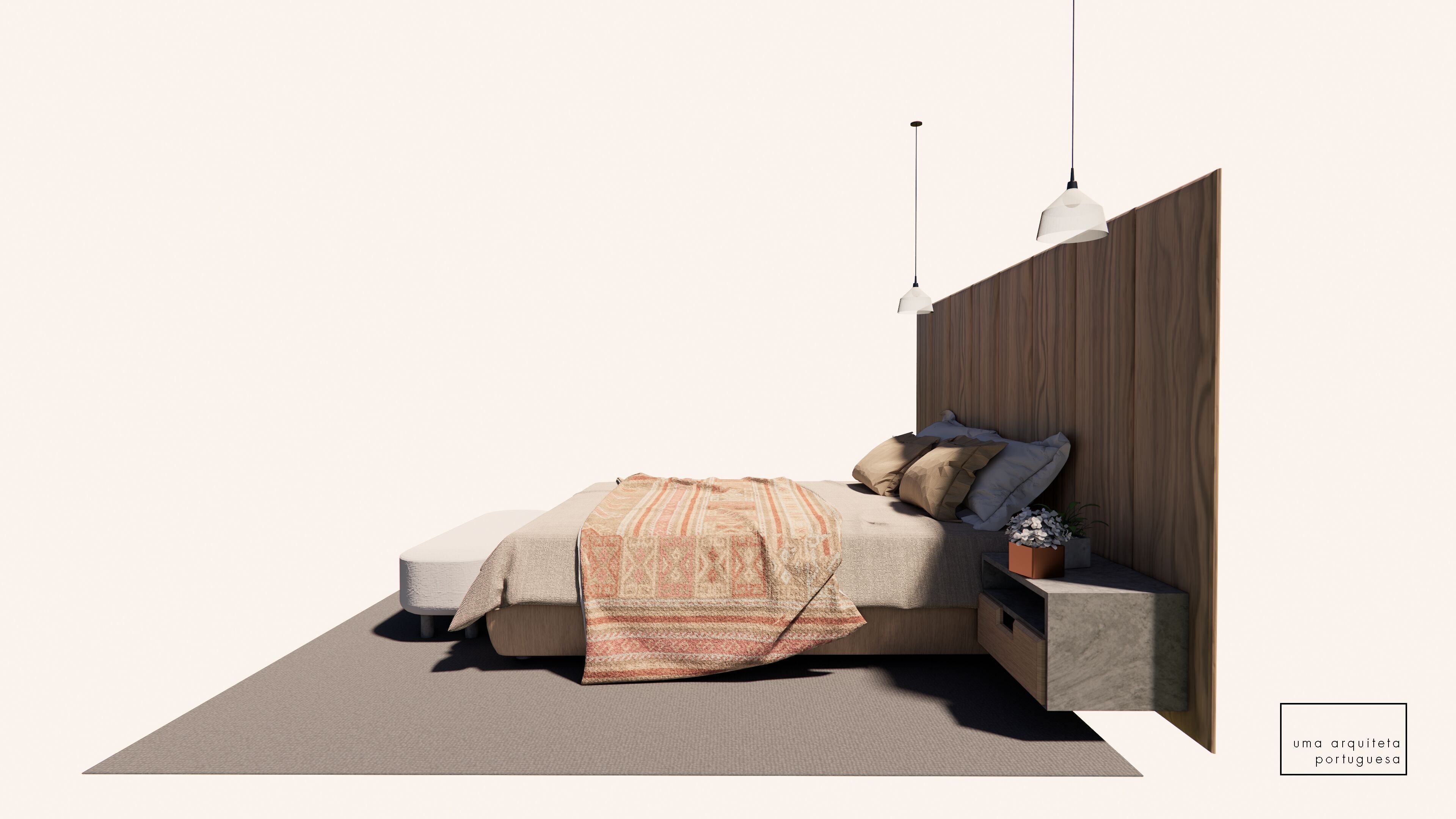 Double Bed with Pillows and Blanket - Wood - Fabric - 3D Model 3D model_12