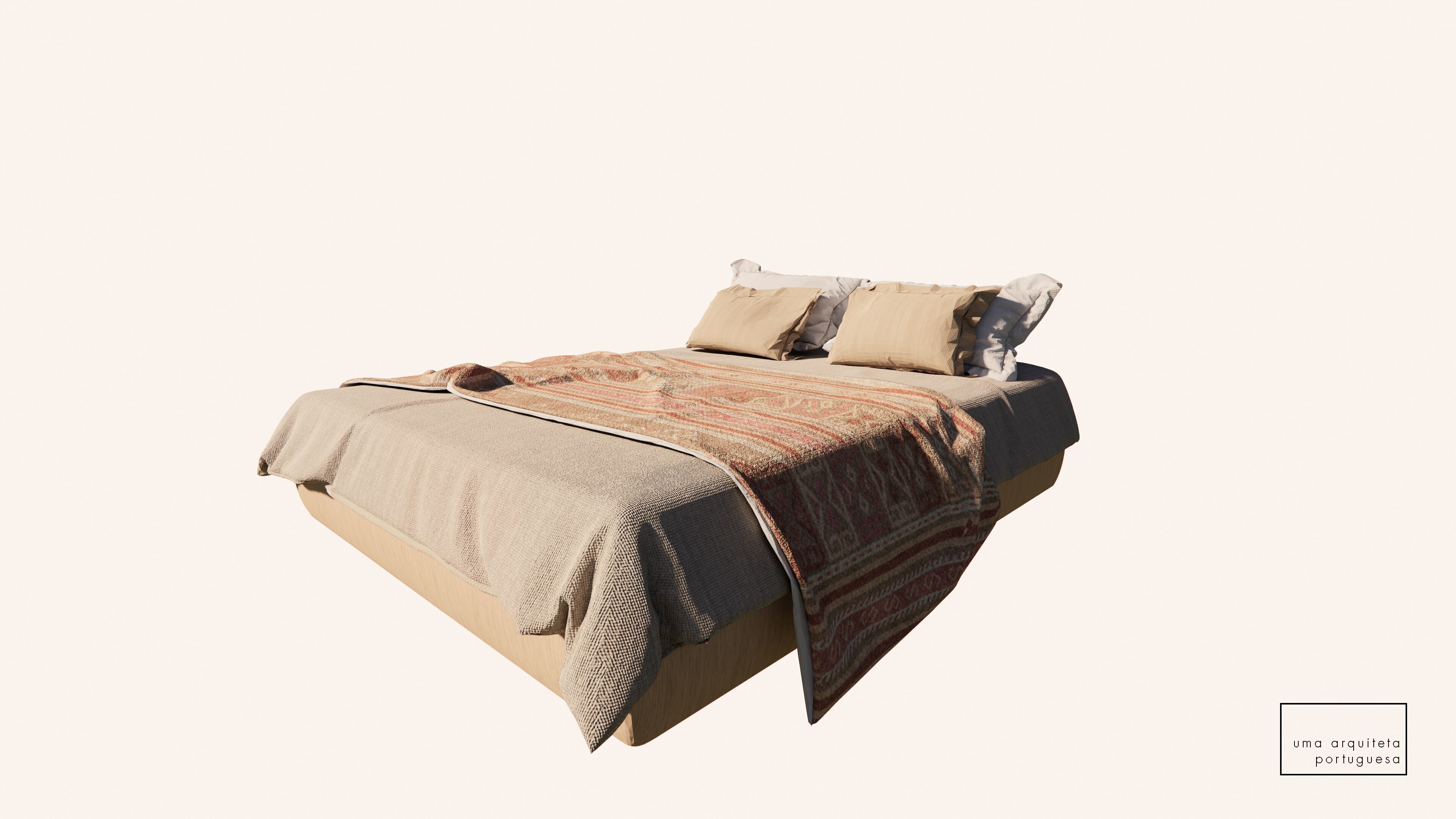 Double Bed with Pillows and Blanket - Wood - Fabric - 3D Model 3D model_4