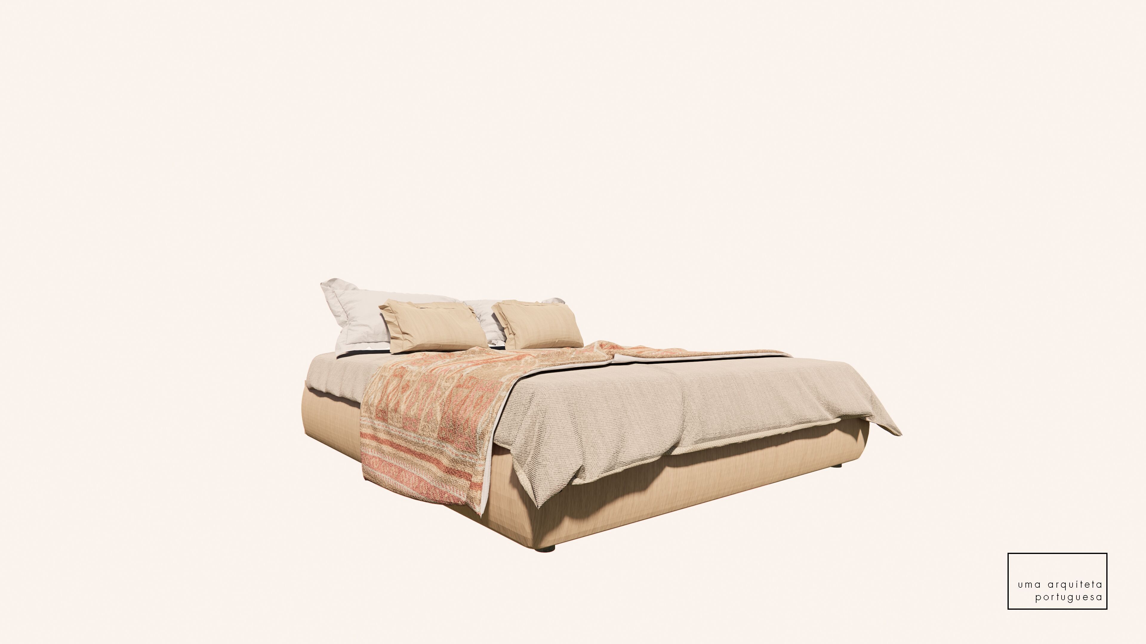 Double Bed with Pillows and Blanket - Wood - Fabric - 3D Model 3D model_10