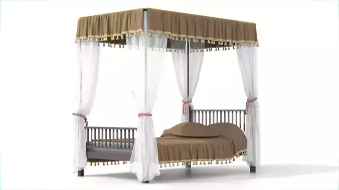 Traditional Asian Canopy Bed with Decorative Drapes