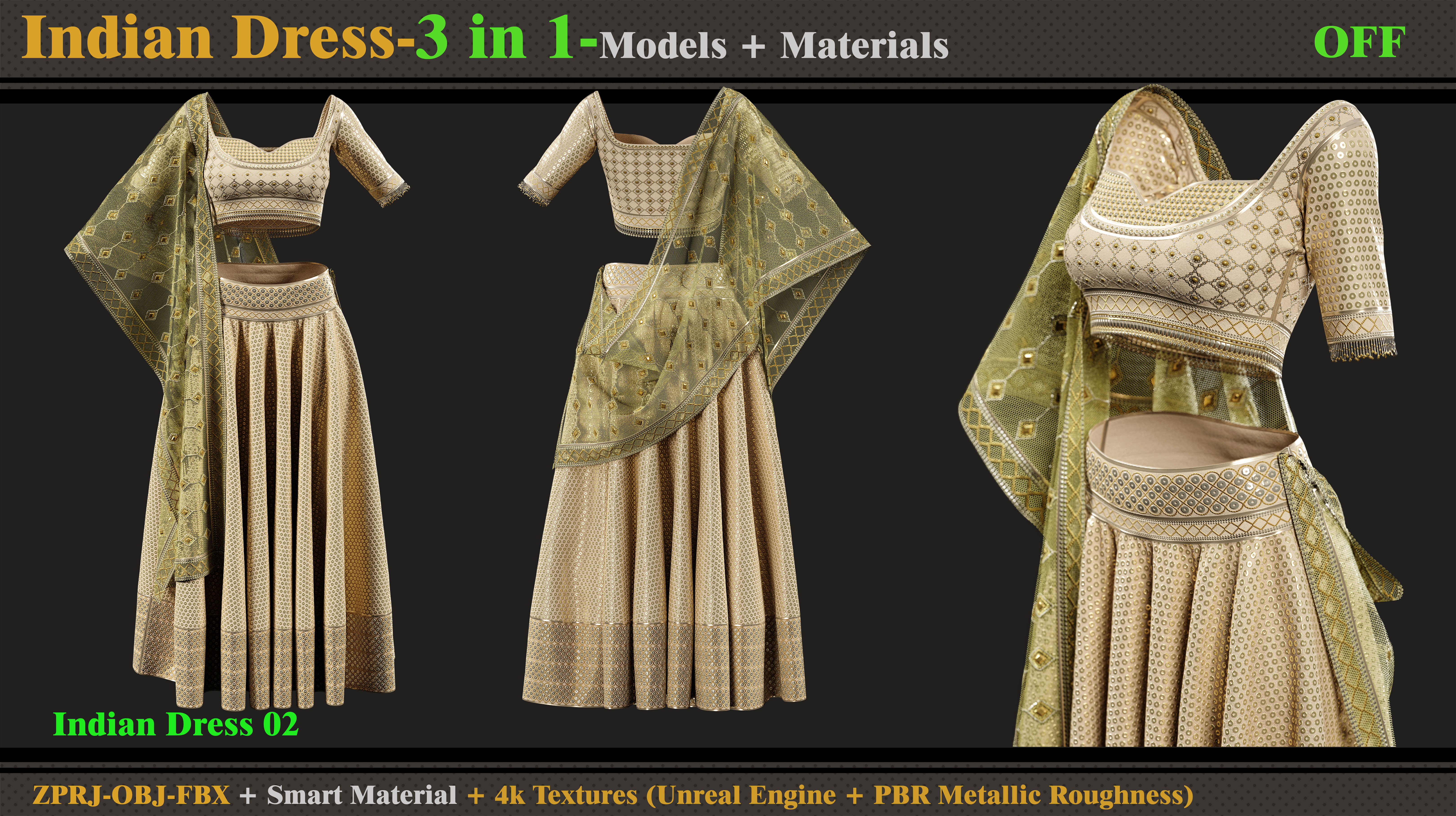 3 in 1 Indian Outfits- MD-Clo3d-OBJ-FBX-Materials-Textures -OFF 3D model_2