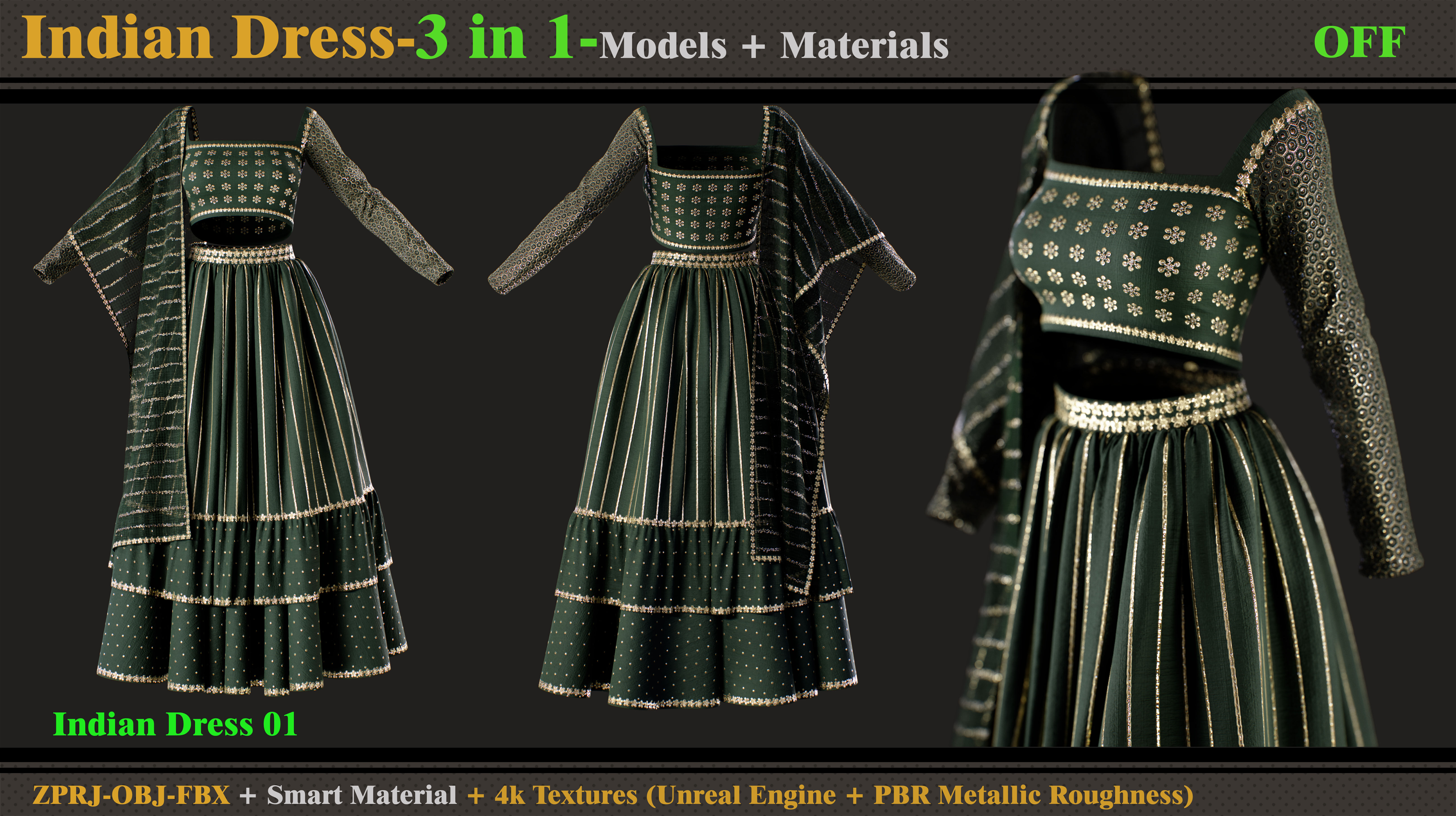 3 in 1 Indian Outfits- MD-Clo3d-OBJ-FBX-Materials-Textures -OFF 3D model_1