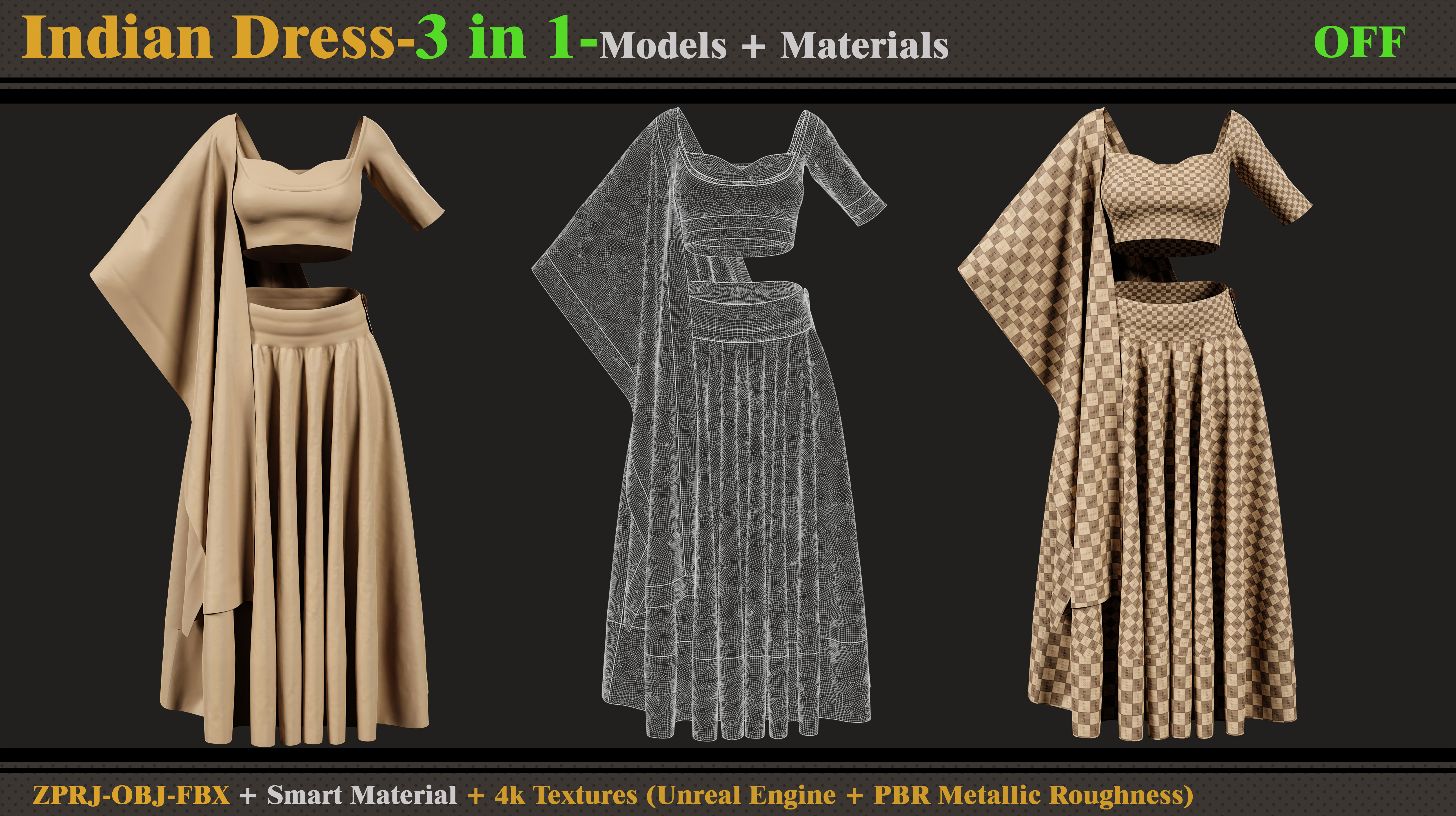 3 in 1 Indian Outfits- MD-Clo3d-OBJ-FBX-Materials-Textures -OFF 3D model_5
