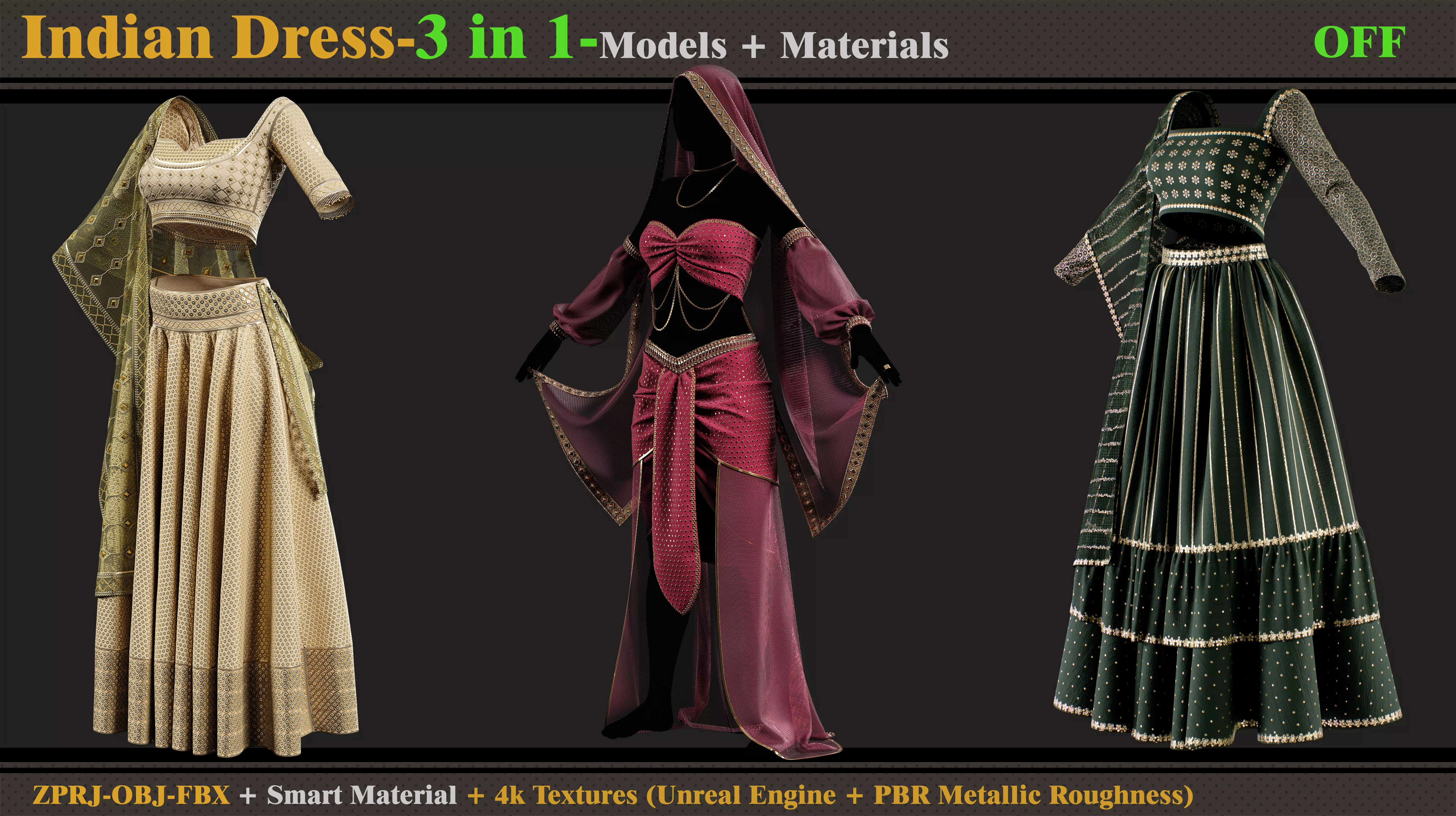 3 in 1 Indian Outfits- MD-Clo3d-OBJ-FBX-Materials-Textures -OFF 3D model_0
