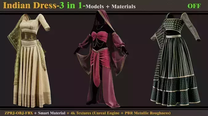 3 in 1 Indian Outfits- MD-Clo3d-OBJ-FBX-Materials-Textures -OFF