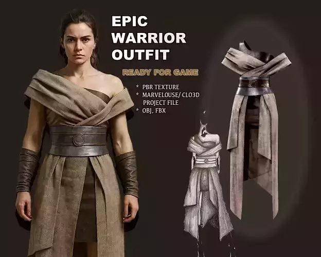 Epic Female Warrior Outfit - Low-Poly Rigged PBR 3D Model