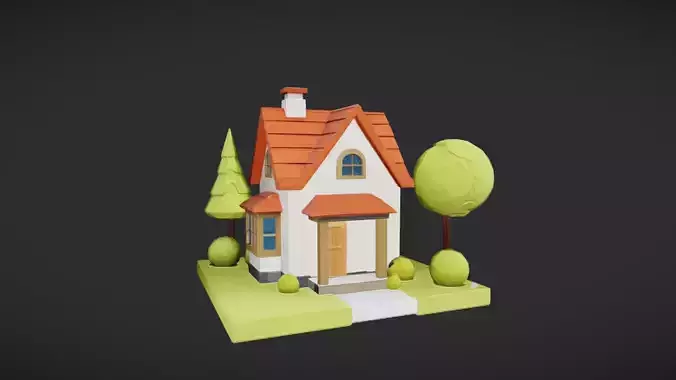 Low-poly cartoon house with trees
