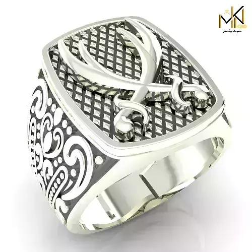 Mens White Gold Sword Emblem Ring 