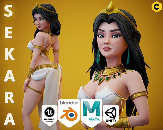 Game Cartoon Sexy Girl Egyptian Ancient Character rigged Low-poly 3D model