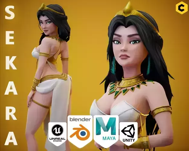 Game Cartoon Sexy Girl Egyptian Ancient Character rigged Low-poly 3D model