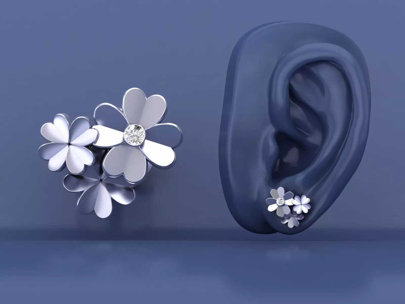 Cluster Four Leaf Clover Stud Earrings 3D Model Print Design 3D print model