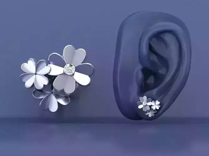 Cluster Four Leaf Clover Stud Earrings 3D Model Print Design