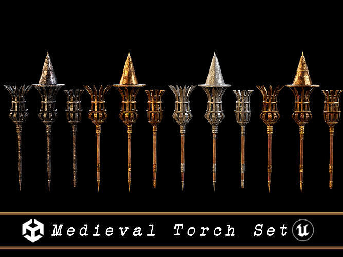 Medieval Torches Set - 4 variations Low-poly 3D model