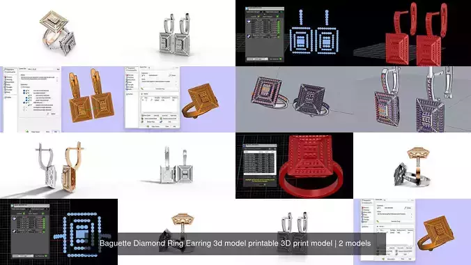 Baguette Diamond Ring Earring 3d model printable 3D print model