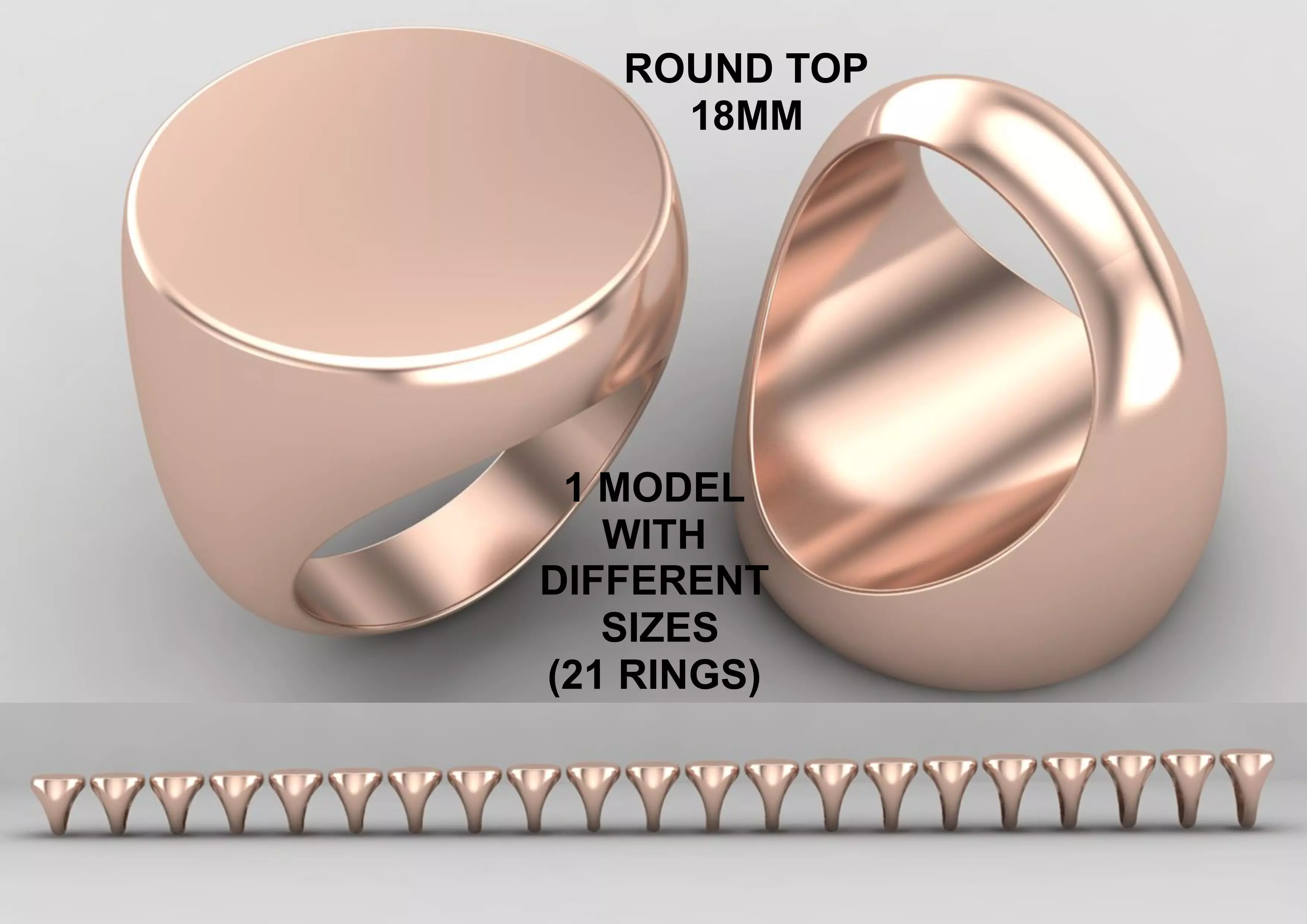 Round Signet Ring Base 18MM top in All sizes 177-MWC 3D print model