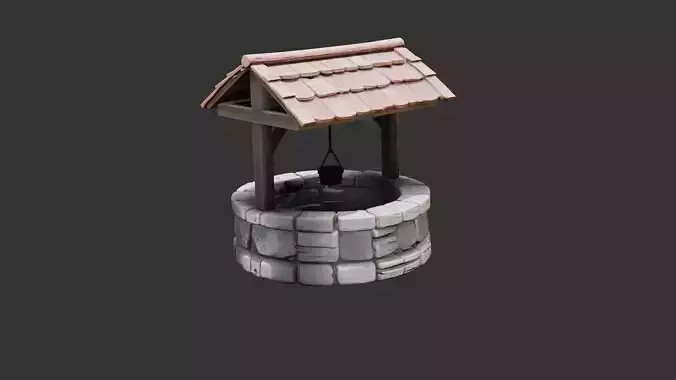 Stone Water Well with Wooden Roof and Bucket Low-poly 3D model