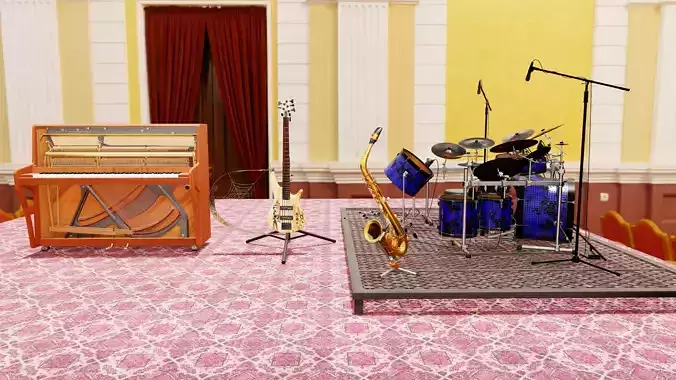 Realistic Music Instruments 3D Pack Piano Drums Guitar Saxophone Low-poly 3D model