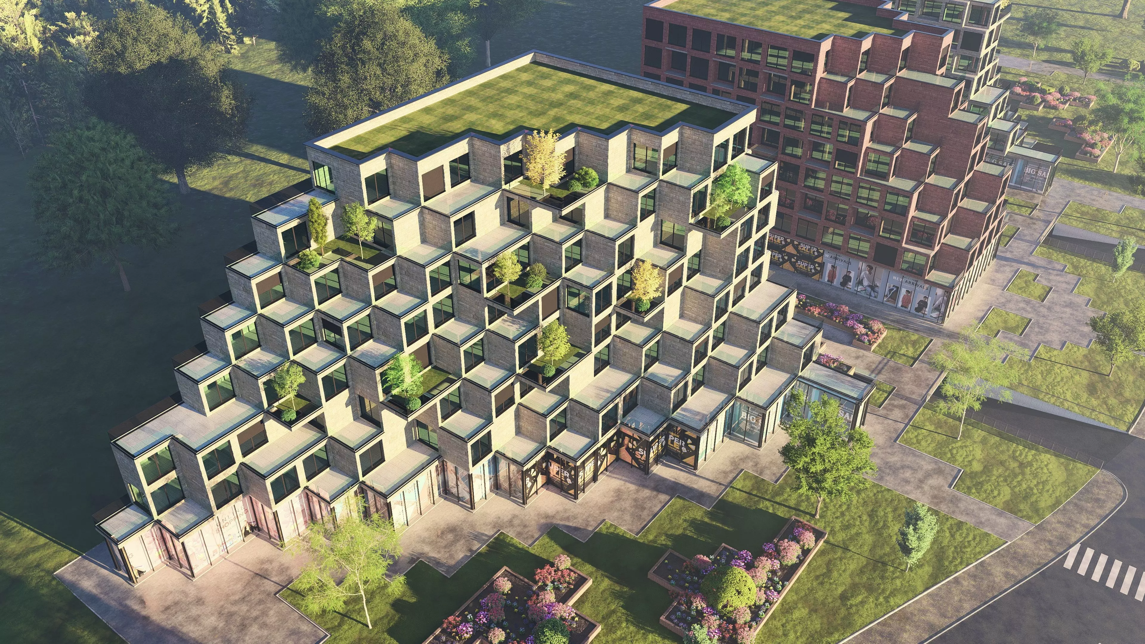 Pixelated Residential Complex Low-poly 3D model_3