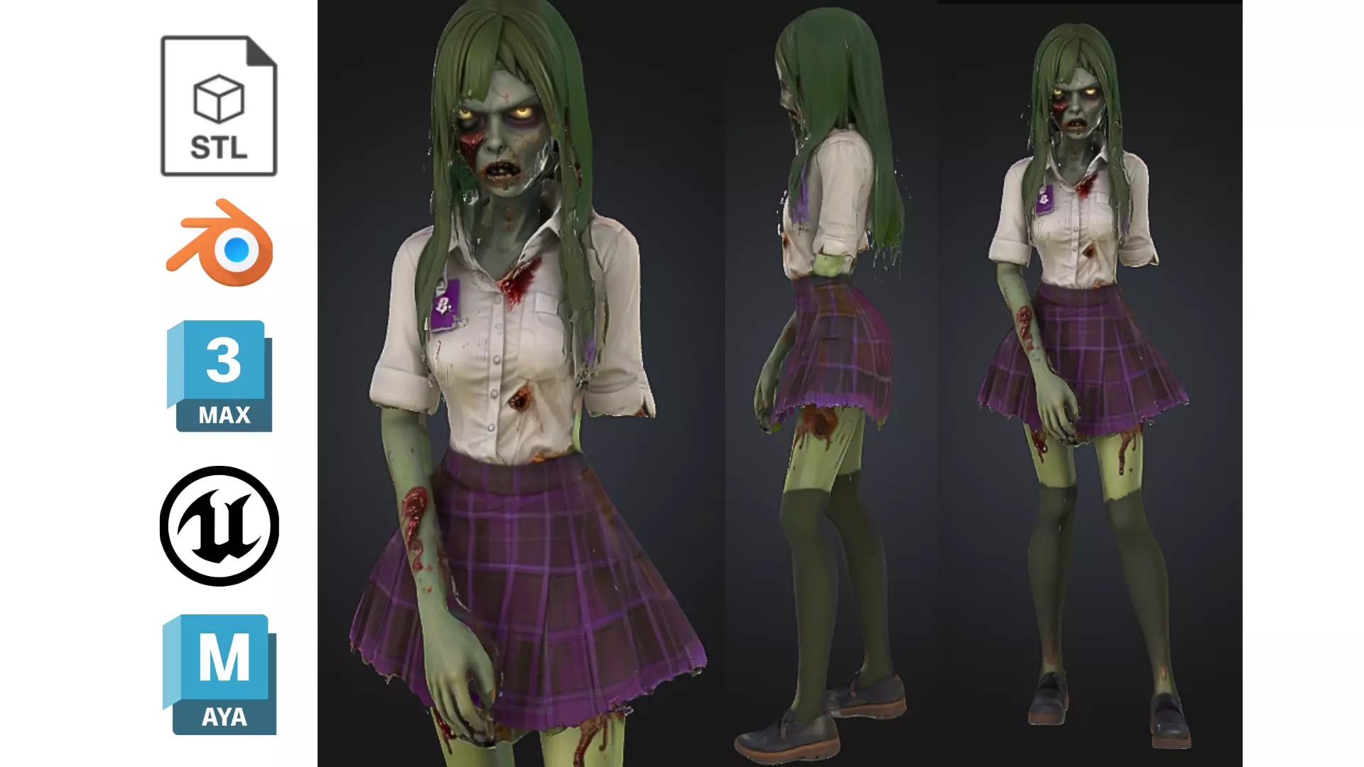 Stylized Zombie Japanese Schoolgirl Low-poly 3D model_0