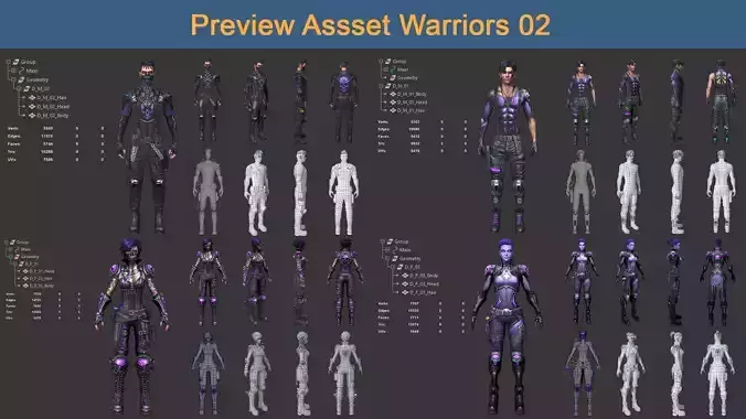 Asset 02 - 04 Models Character Warriors - Ready for game 3D Model Collection