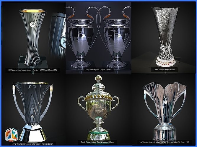 Ultimate Football Trophies Bundle 3D awards - UEFA and AFC Cups 3D Model Collection