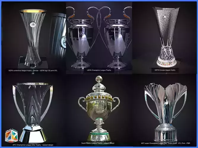 Ultimate Football Trophies Bundle 3D awards - UEFA and AFC Cups 3D Model Collection