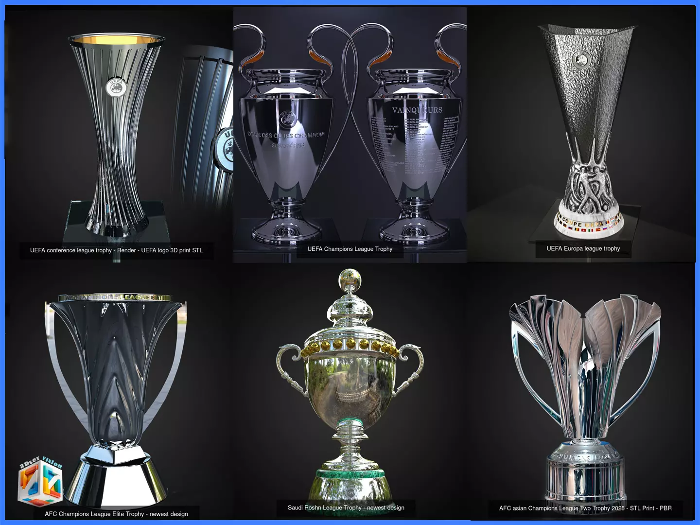 Ultimate Football Trophies Bundle 3D awards - UEFA and AFC Cups 3D Model Collection_0