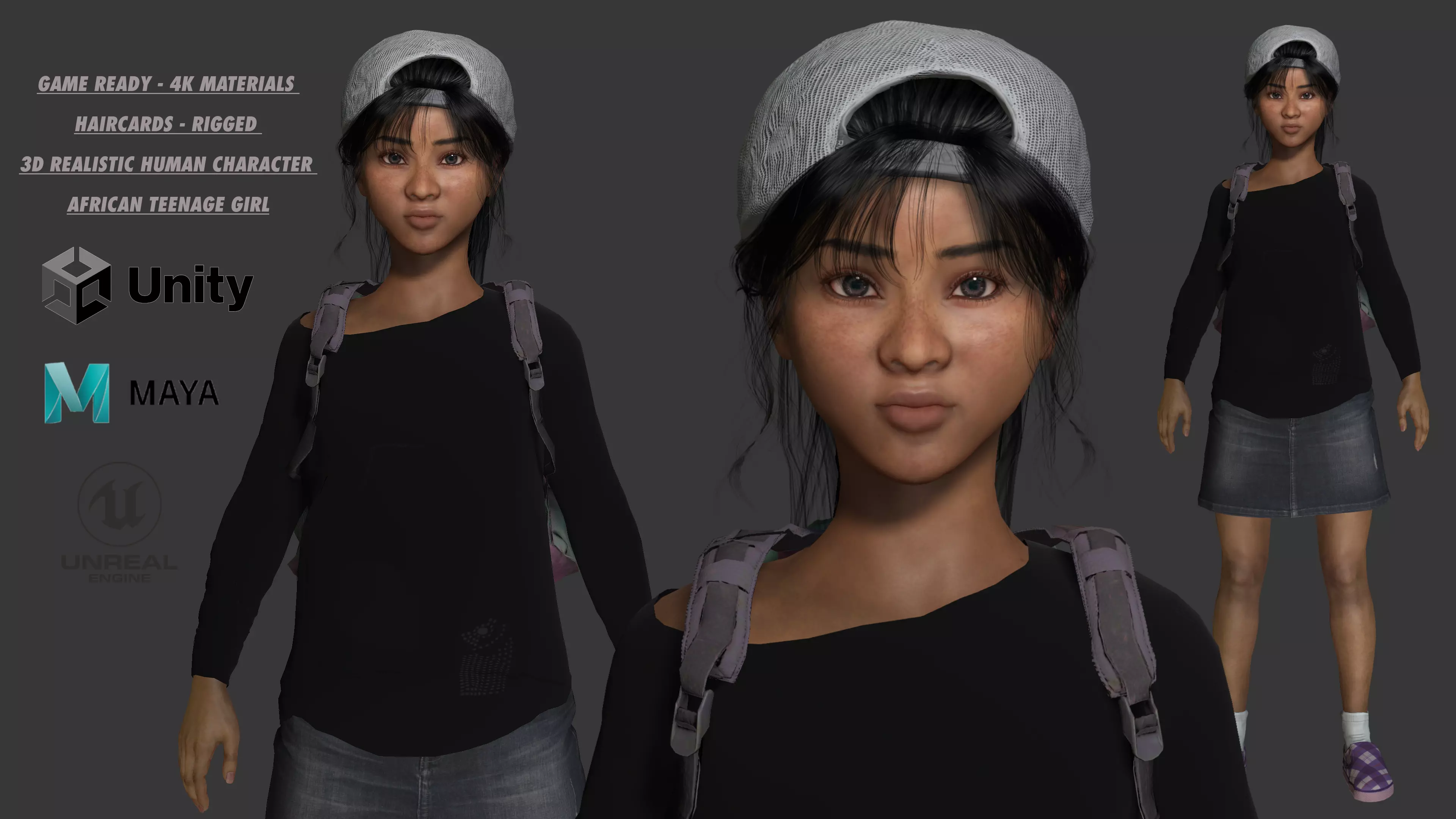 AAA 3D REALISTIC HUMAN CHARACTER - AFRICAN TEENAGE GIRL 02 Low-poly 3D model_0