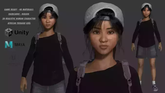 AAA 3D REALISTIC HUMAN CHARACTER - AFRICAN TEENAGE GIRL 02 Low-poly 3D model
