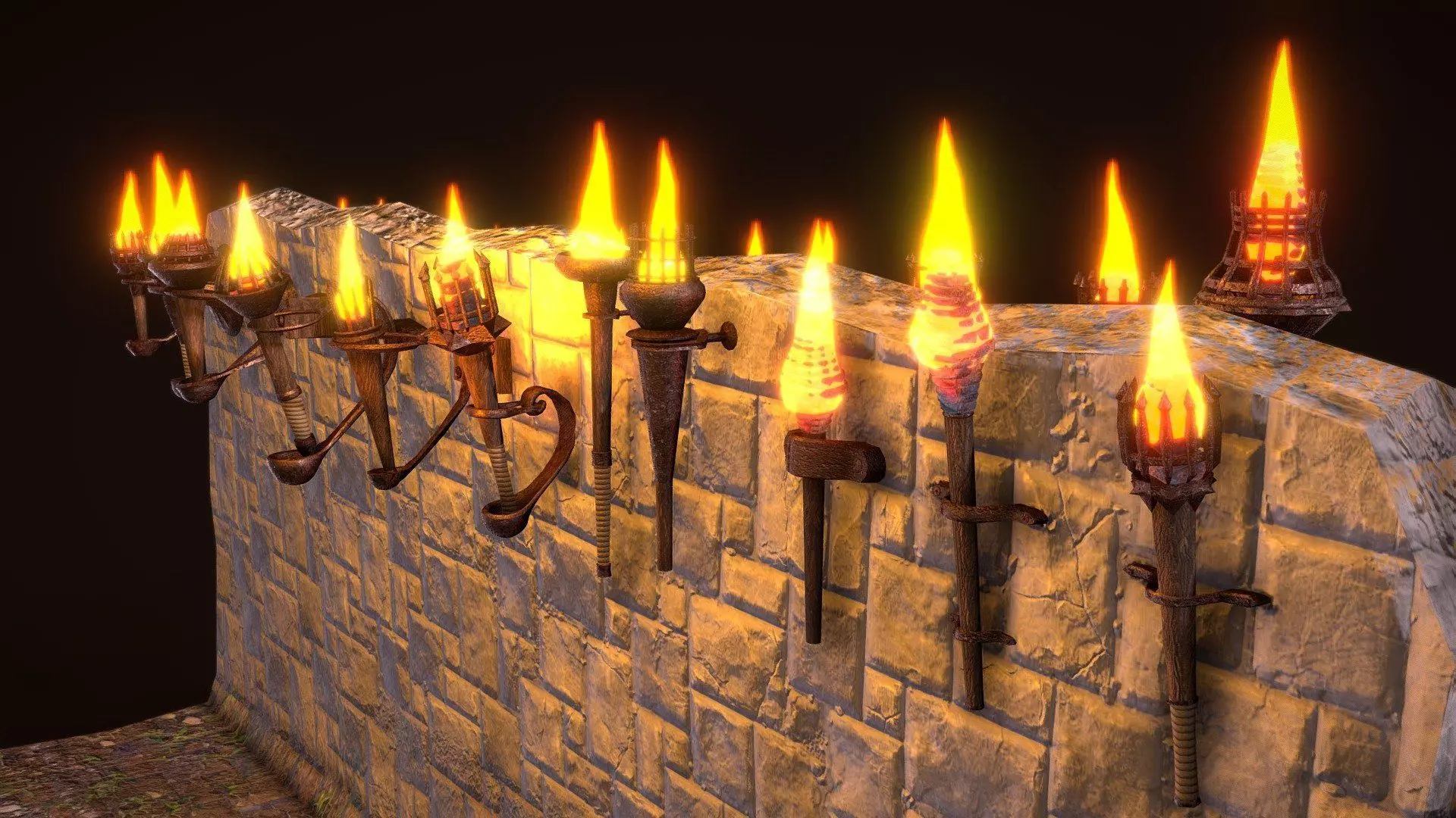 25 pack burning wall torches Low-poly 3D model_0